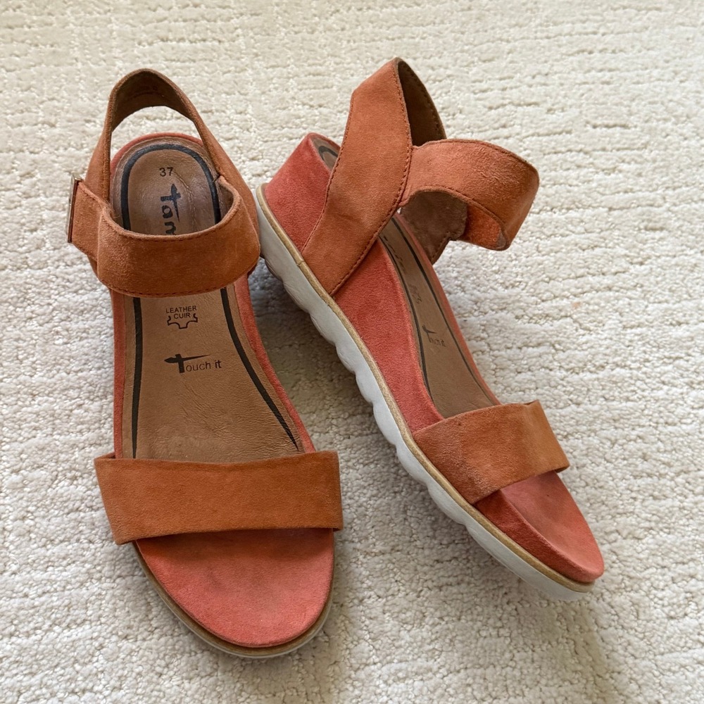 Tamaris Orange Suede Ankle Strap‎ Sandals Womens Size 37 US 6.5-7 Leather Wedge